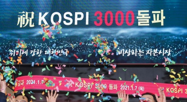 ▲ 코스피 지수가 전 거래일 대비 63.47포인트(2.14%) 오른 3,031.68로 장을 마감한 7일 오후 서울 영등포구 여의도 한국거래소에서 직원들이기념꽃가루를뿌리고있다./ 연합뉴스