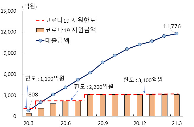 ▲ 코로나 지원 및 금융기관 대출 규모. 자료=한국은행 충북본부