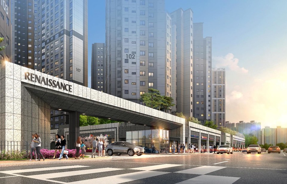 ▲ 사진설명:삼부토건이 분양하는 신창면 아산 삼부르네상스 더힐 단지내 대로변 스트리트형 상가 조감도.