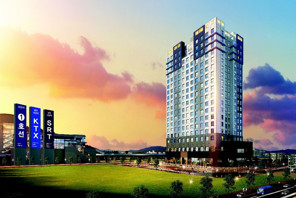 ▲ KTX 천안아산역,수도권전철 1호선 아산역 등 트리플 역세권인 아산시 배방읍 장재리에 들어서는 에스티힐스 오피스텔 투시도