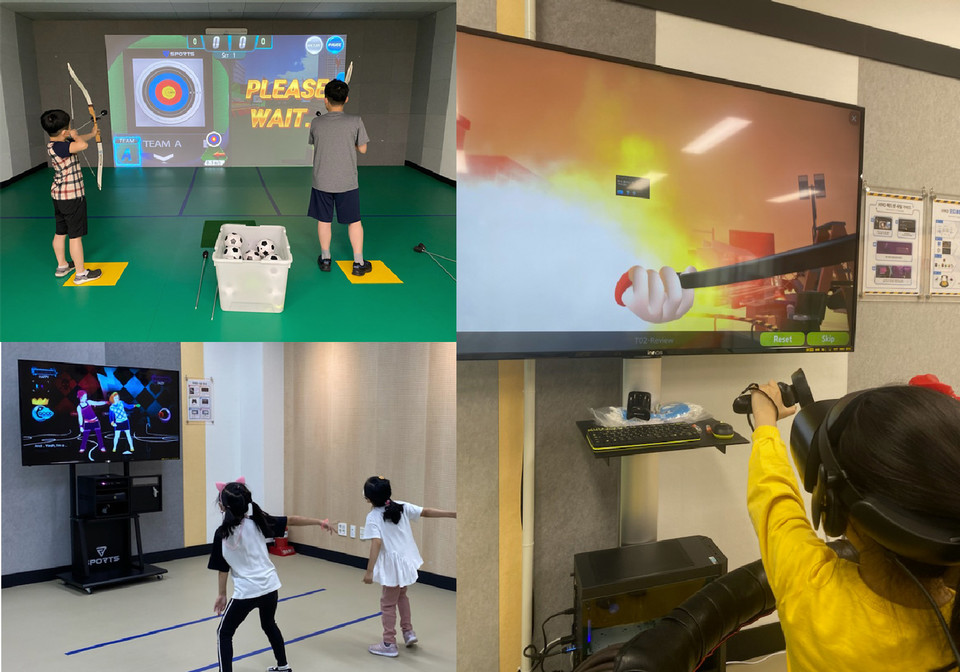 오창호수도서관의 '호수상상놀이터 VROOM'에서 아이들이 가상현실 체험을 하고 있다. 왼쪽 위부터 시계 방향으로 '스포츠 VR', '재난안전 VR', '모션인식 AR'.