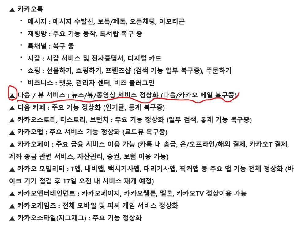 다음카카오에서 밝힌 분야별 서비스 재개현황. 이중 뉴스/뷰 기능 등이 정상화되지 않고 있다.