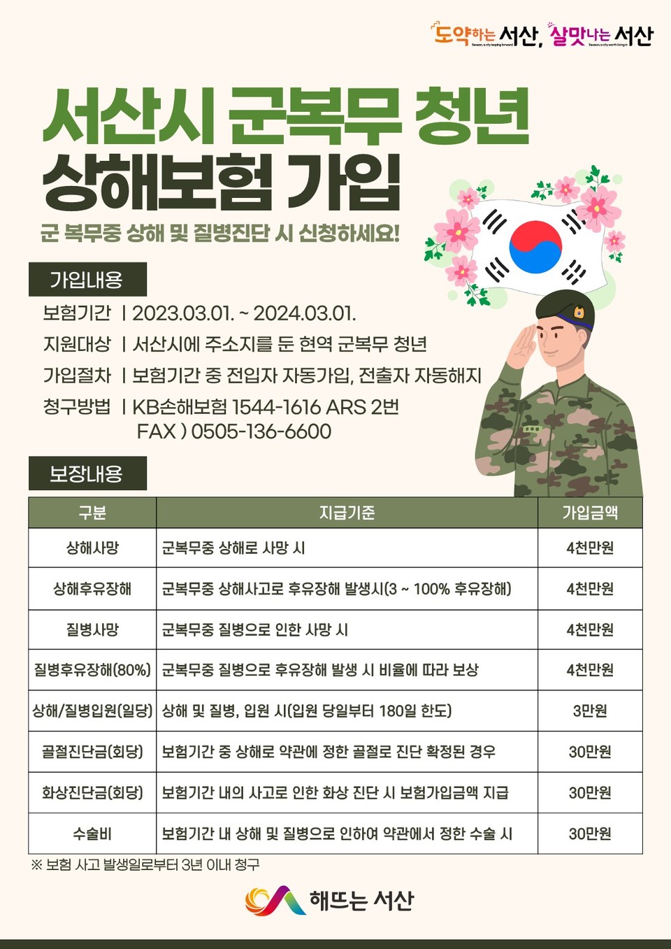 ▲ 서산시의 군복무 청년 상해보험 안내 홍보물.
