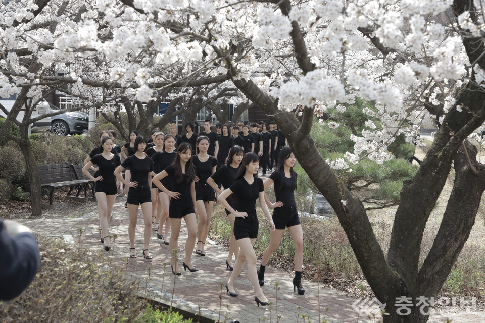 ▲ 모델과 학생들이 벚꽃이 만개한 교정에서 야외워킹수업을 진행하고 있다