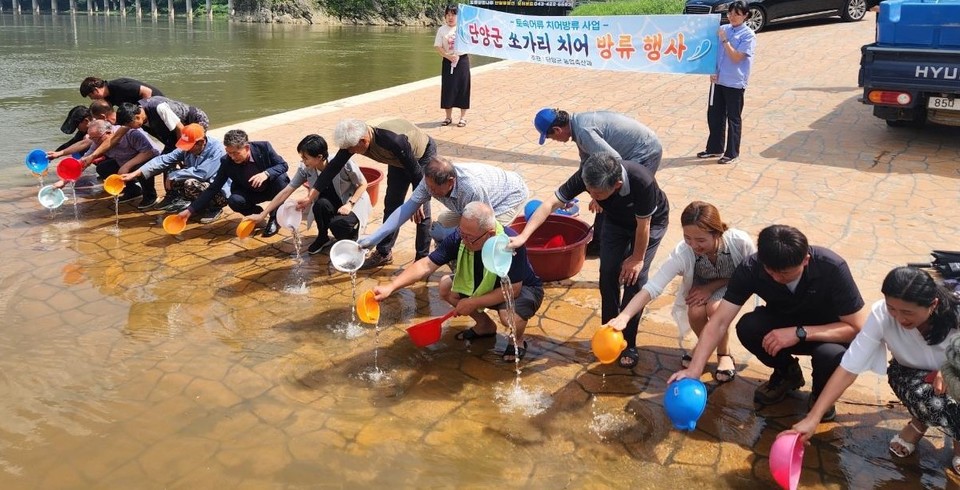 ▲ 단양군이 도담삼봉 일원에서 가진 쏘가리치어 방류행사 모습. 사진=단양군제공