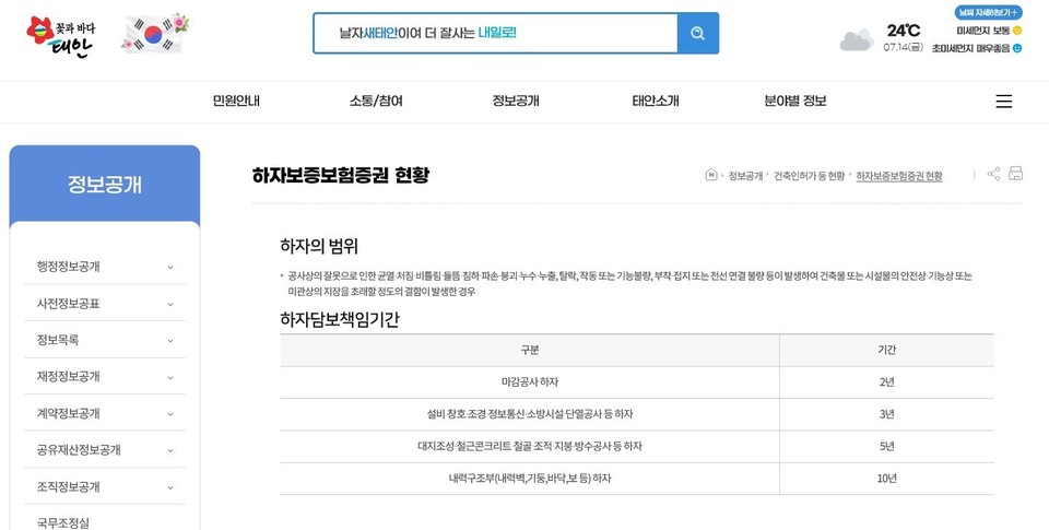 ▲ 태안군 홈페이지 내 공동주택 하자보증보험증권 공개 게시판 모습