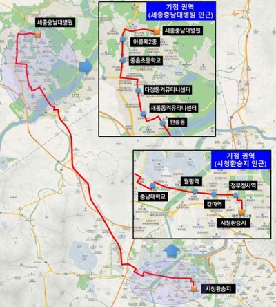 ▲ 세종∼대전간 광역급행형 M버스 노선도./국토부