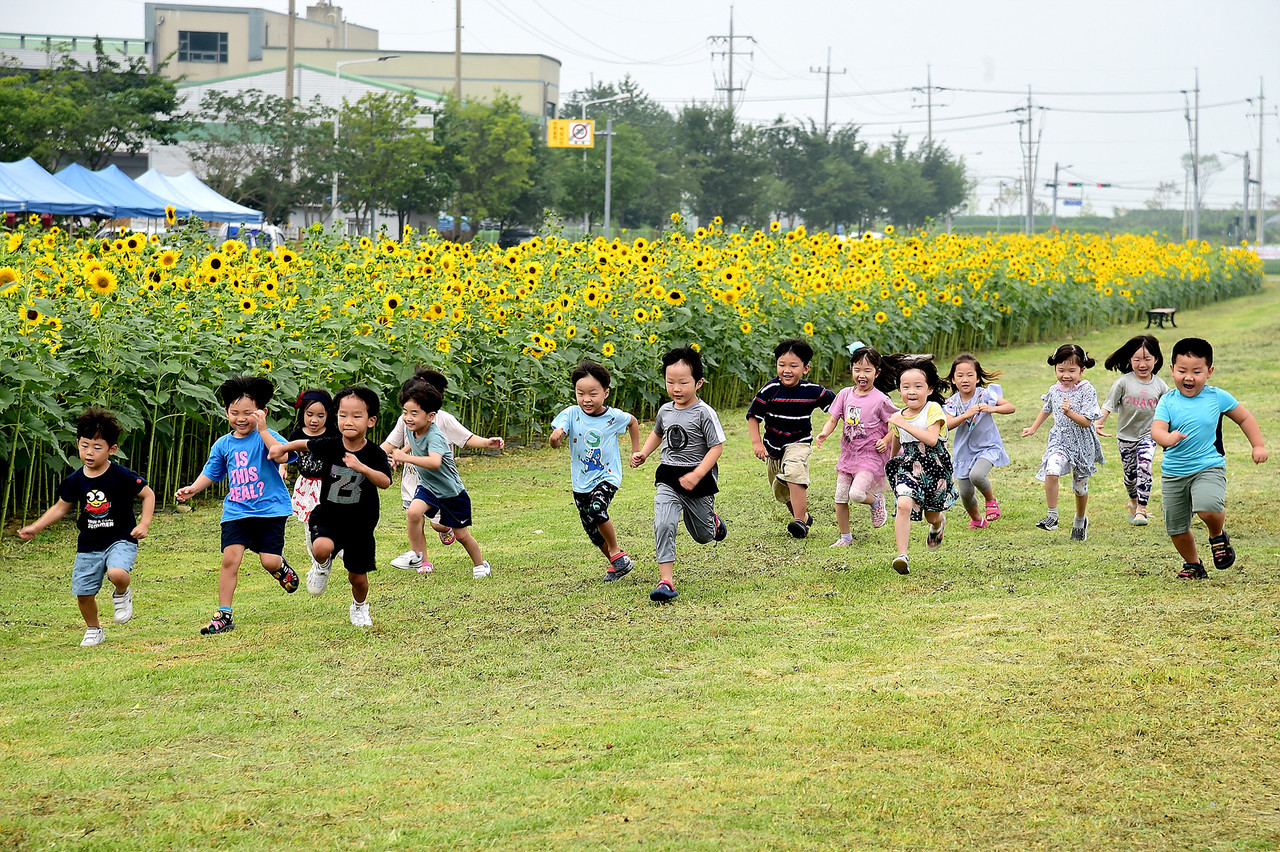 ▲ 제천 모산 비행장에서 뛰어 놀고 있는 어린이들 모습. 사진=제천시제공