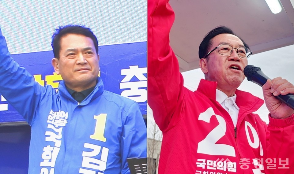 ▲ 국민의힘 이종배 후보(오른쪽)와 더불어민주당 김경욱 후보가 지난달 30일 풍물시장 앞에서 장날 유세전을 펼치고 있다.
