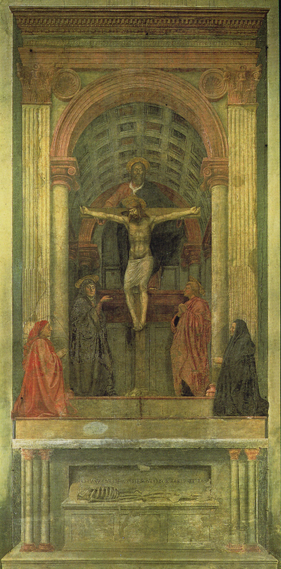 ▲ 마사초, '성삼위일체'(프레스코화, 667×317cm, 1425-1428), 피렌체 산타마리아 노벨라 성당