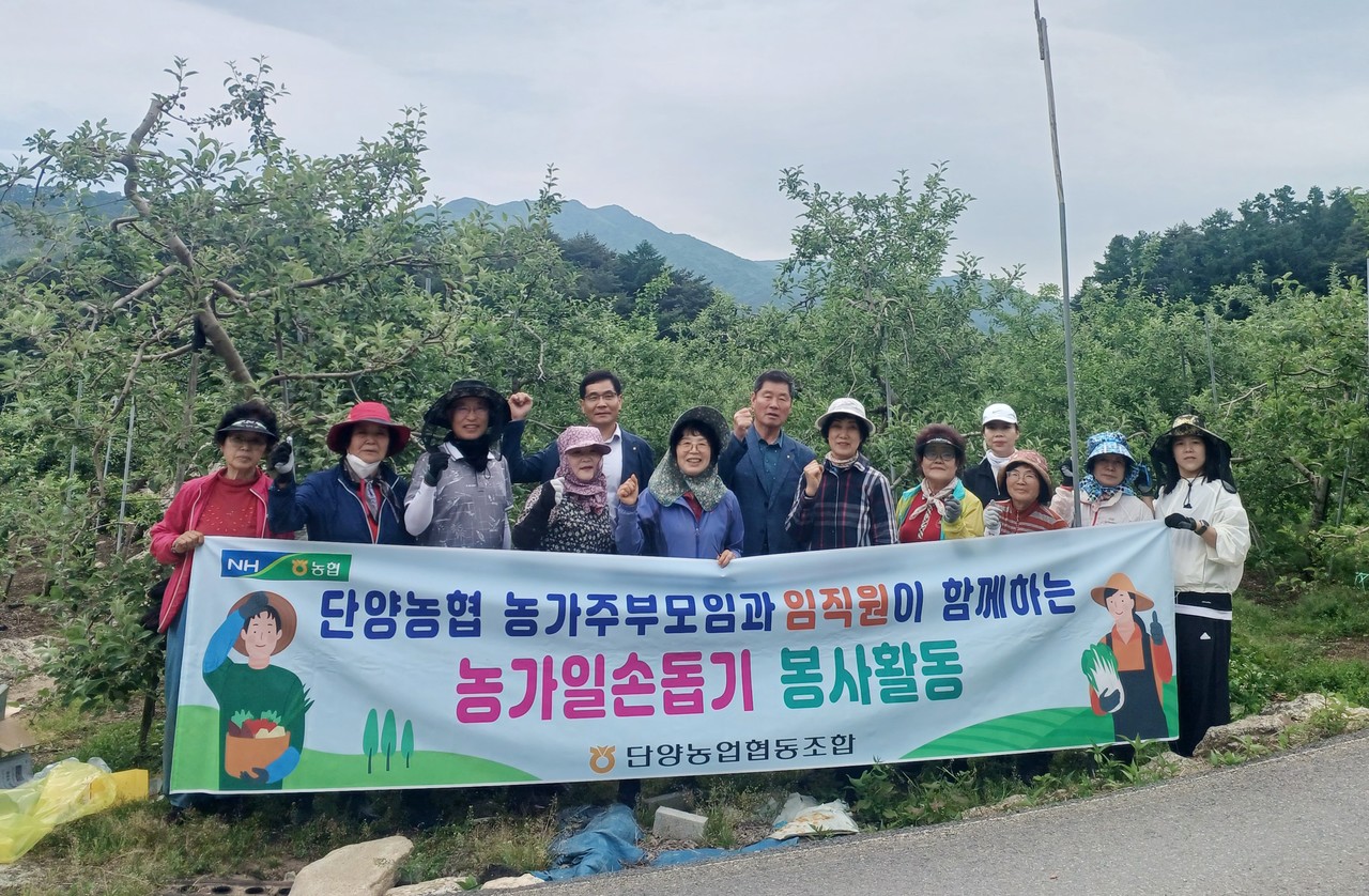 ▲ 20일 단양농협 김영기 조합장과 임직원, 농가주부모임 회원들이 대강면 일원 과수농가서 일손돕기를 마치고 사진촬영을 하고 있다. 사진=단양농협제공