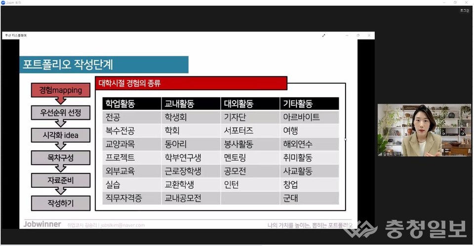 ▲ 국립한밭대학교 대학일자리본부가 '수(水)요 테마특강'으로 운영한 취업 포트폴리오 작성법·노하우 온라인 특강 모습