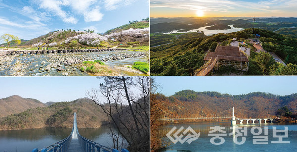 ▲ '천년의 신비'를 간직한 충북 진천군 농다리와 인근 초평호를 찾는 방문객이 급증하고 있다. 사진은 농다리·한반도 전망대·초평호 제1 하늘다리·초평호 미르 309 출렁다리(시계방향)