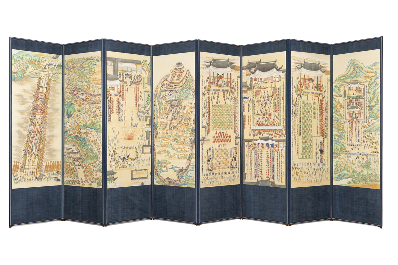 ▲ ‘제9회 천태예술공모대전’에서 최우수상을 차지한 장숙표씨의 민화 ‘화성능행도’. 사진=구인사제공