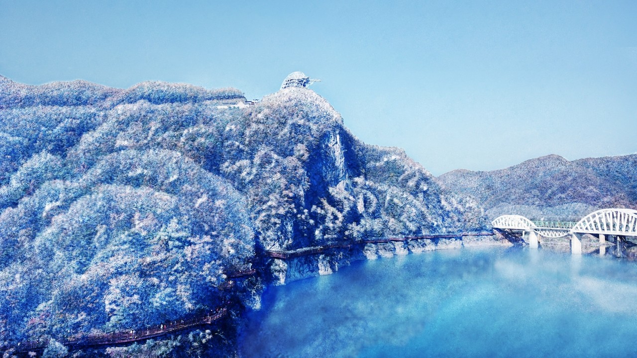 ▲ 최근 눈 내린 단양강과 잔도, 만천하스카이워크 전망대 모습. 사진=단양군제공