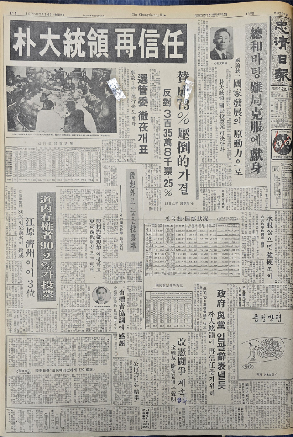 1975년 2월 14일자 1면.