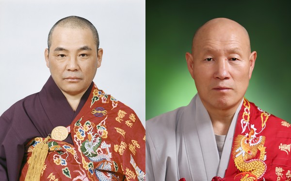 ▲ 대한불교천태종 종정 도용 스님(왼쪽), 총무원장 덕수 스님. 사진=구인사제공
