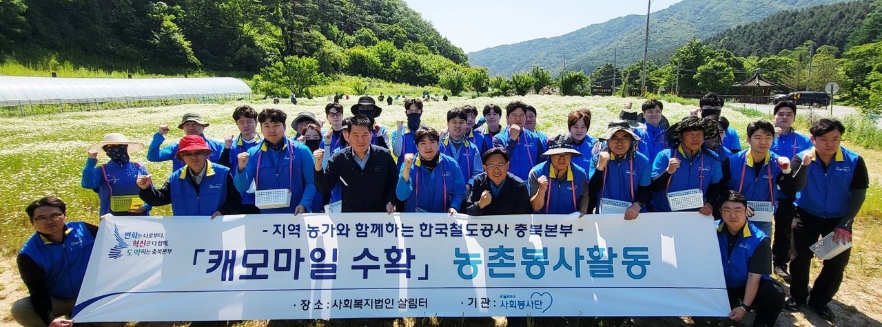 ▲ 4일 코레일 충북본부 김종현 본부장과 직원들이 일손 돕기를 마치고 기념촬영을 하고 있다. 충북본부는 이날부터 나흘간 이곳 살림터에서 허브 수확에 일손을 보탠다. 사진=코레일충북본부제공