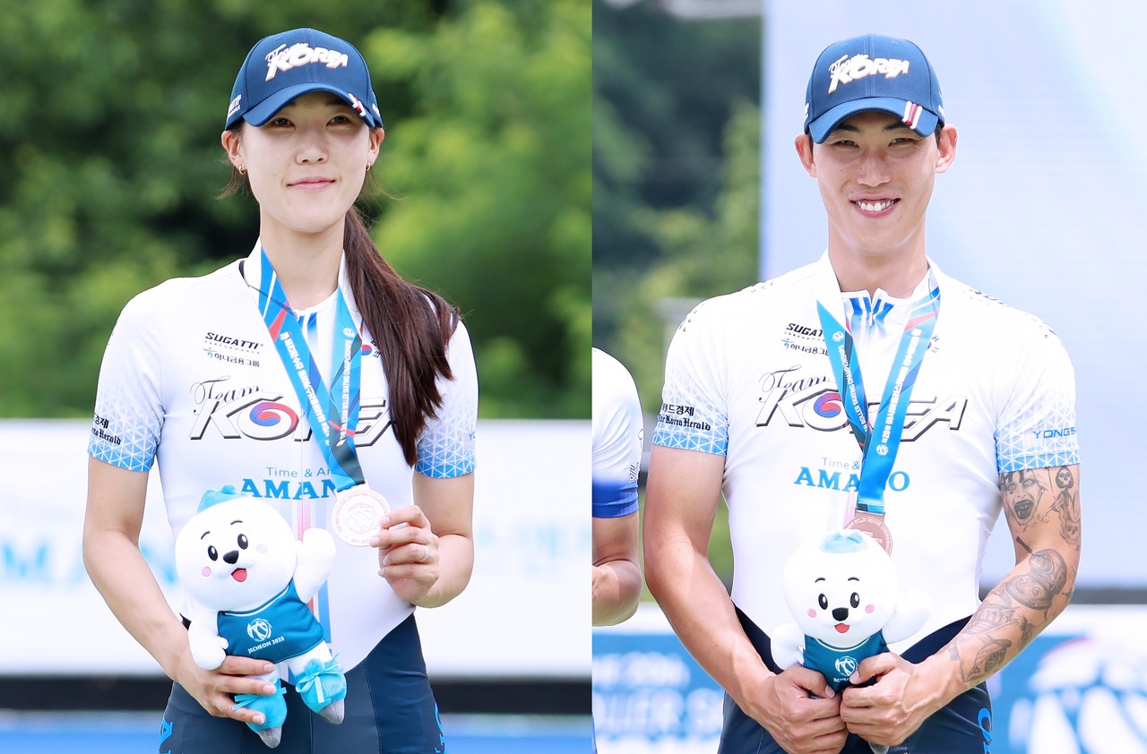 ▲ 롤러 스피드 시니어 여자 동메달 신소영(왼쪽), 남자 동메달 이기원 선수. 사진stn제공