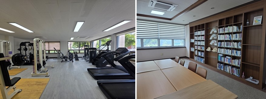 ▲ 단양군 대강면사무소에 마련된 휴게 공간(오른쪽)과 체력단련실 모습. 사진=단양군제공