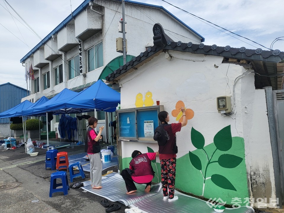 ▲ 국립한밭대학교 학생들이 지난 10일부터 충남 금산군 남일면 초현리 마을에서 벽화그리기 봉사활동을 하고 있다