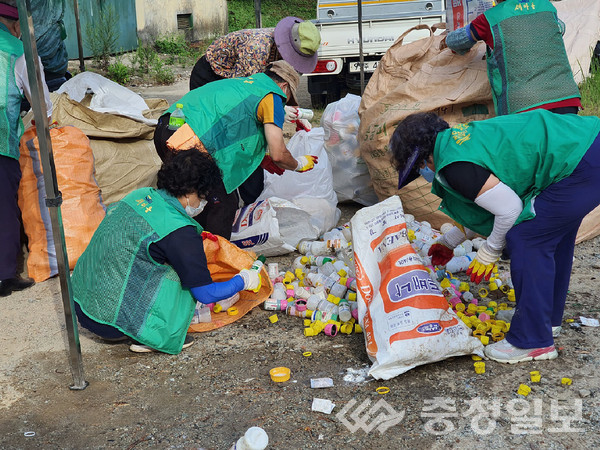 ▲ 충북 진천군 새마을회 관계자들이 폐농약병을 정리하는 모습