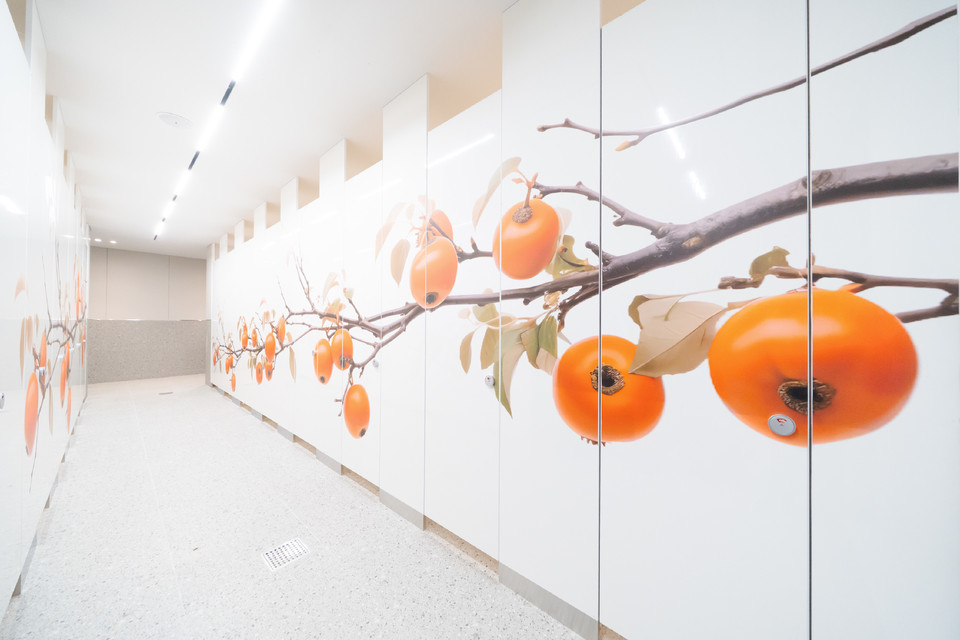 ▲ 상주의 대표 특산물인 곶감을 테마로 감나무 프린팅을 적용한 화서(영덕)휴게소 화장실 내부 모습.