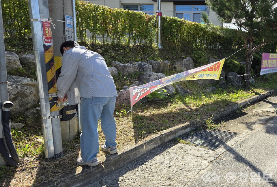 ▲ 충주시 직원이 교통안전을 위협하는 불법 현수막을 철거하고 있다.