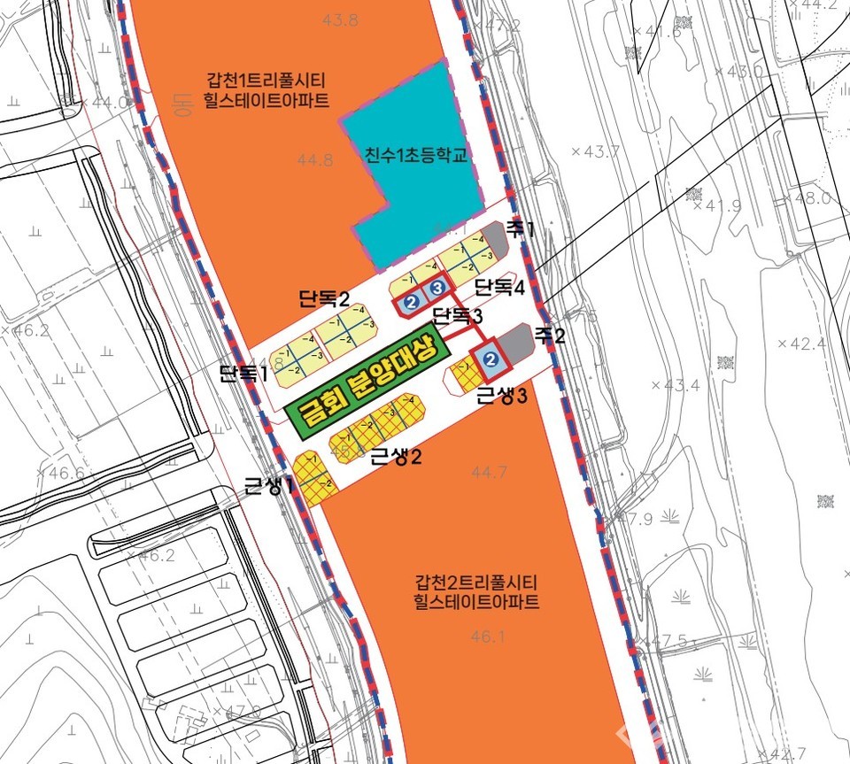 ▲ 대전도시공사가 공개 공급하는 도안갑천지구 친수구역 내 분양 대상지 위치도. 단독주택용지 2필지와 근린생활시설용지 3필지가 포함돼 있으며, 인근에는 갑천1·2 트리풀시티 힐스테이트 아파트와 친수1초등학교가 자리해 있다