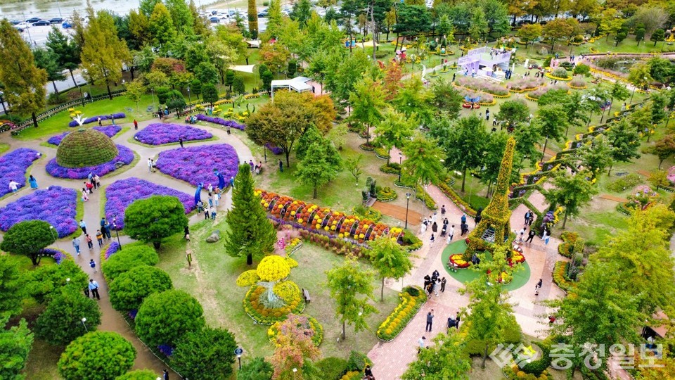 ▲ 유림공원 전역을 가득 채운 국화와 가을꽃이 거대한 정원 풍경을 이루며 방문객들의 발걸음을 이끌고 있다. 항공 시점에서 본 ‘2025 유성국화축제’는 색감과 동선이 어우러진 대규모 가을 전시장의 면모를 한눈에 보여준다