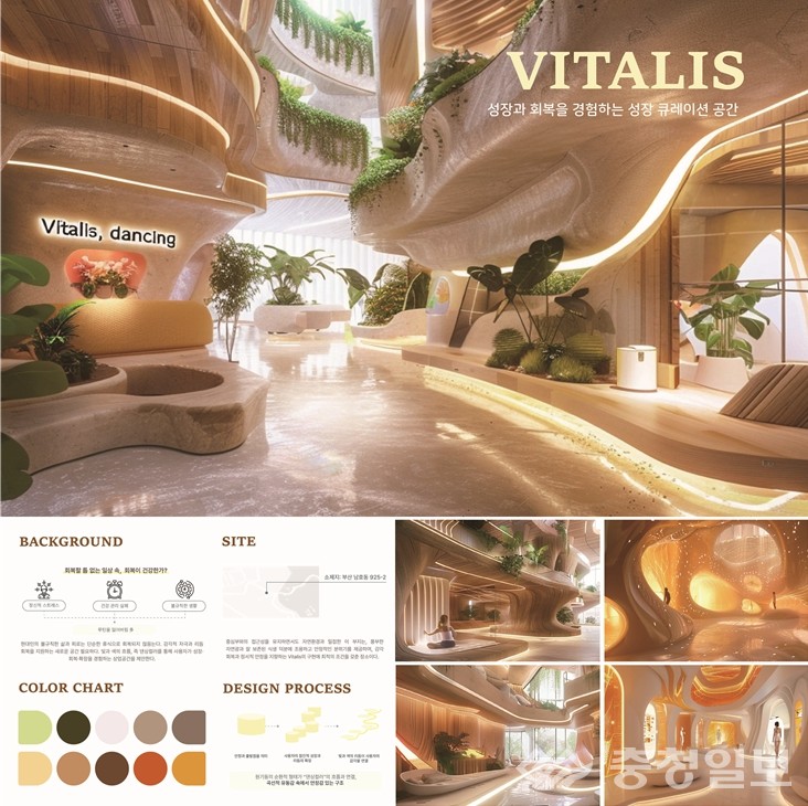 ▲ 남송이 학생의 대상 수상작 ‘VITALIS, DANCING’. 자연의 회복성을 모티브로 삼아 색과 빛의 흐름을 유기적 구조로 재해석한 공간 디자인으로, 성장의 리듬을 시각화한 색채 구성과 조형적 설계 과정이 높은 평가를 받았다