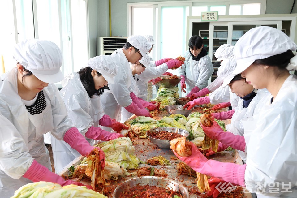 ▲ 삼송마을에서 심사평가원 봉사단과 주민들이 함께 김장을 담그는 모습. 하얀 앞치마와 분홍색 장갑이 줄지어 선 작업대 위로 따뜻한 웃음과 정성이 겹겹이 쌓였다. 배추 한 포기마다 온기를 나누는 손길이 분주하게 오가며 겨울 준비가 깊어지고 있다