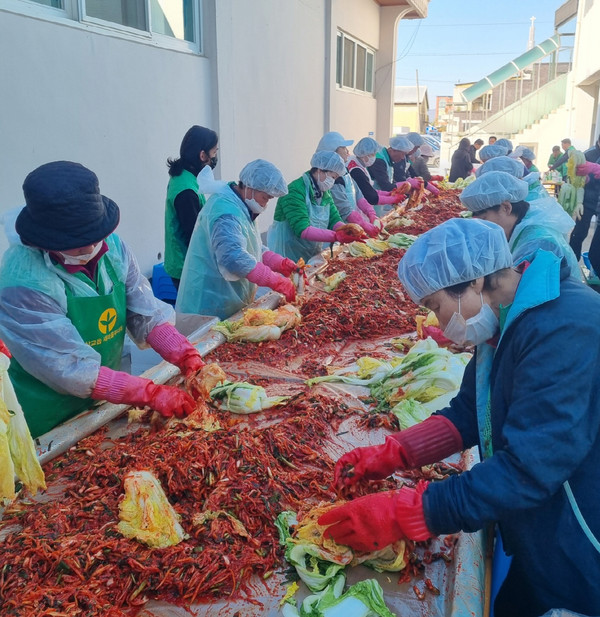 ▲ 새마을회 회원들이 김장 담그는 모습, '온충남! 충남온!' 운동의 하나로 진행된 김장 나눔 행사 모습